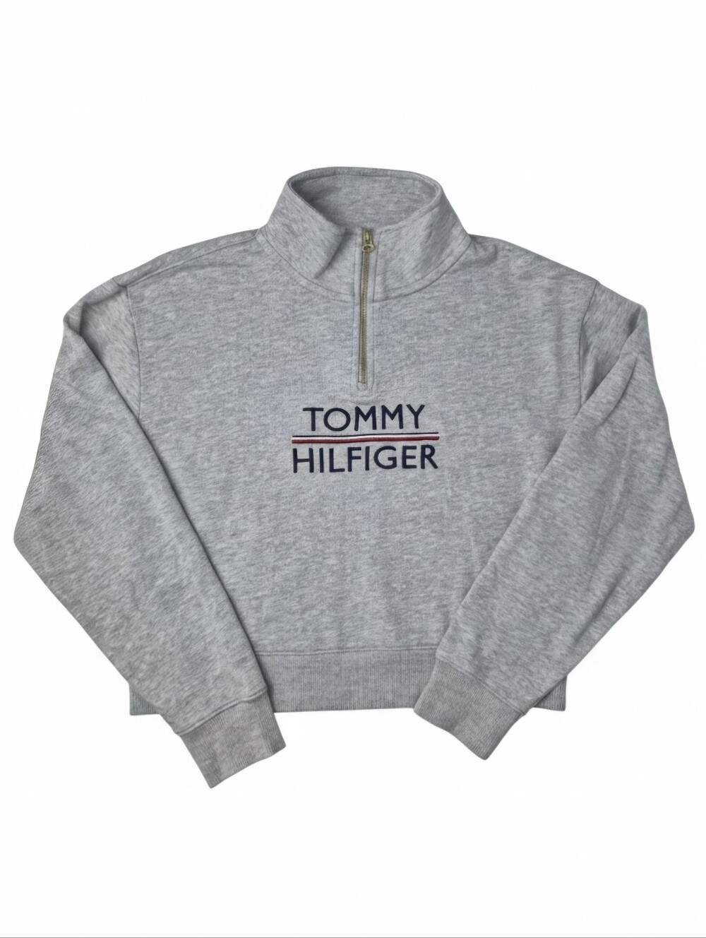 Tommy Hilfiger Women's Quarter-Zip Cropped Logo Sweatshirt Medium Heather Grey